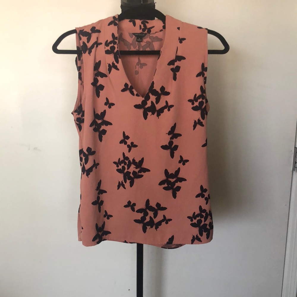 Ann Taylor Sleeveless Pink Blouse with Black Floral Design